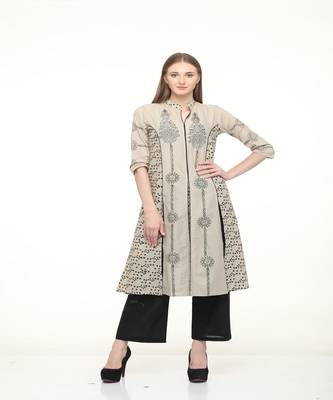 Cotton Grey A-Line Block Printed Kurta 1