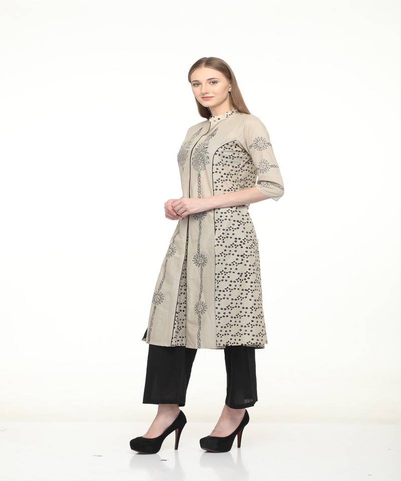 Cotton Grey A-Line Block Printed Kurta