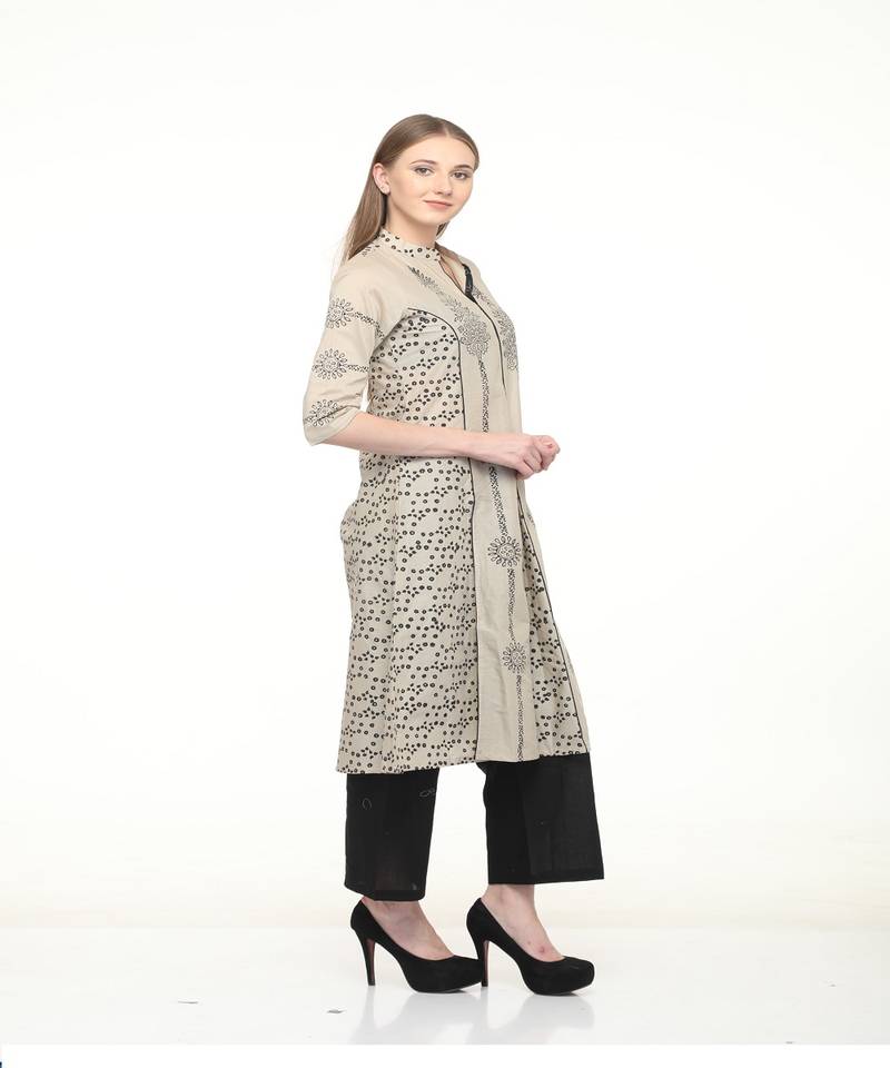 Cotton Grey A-Line Block Printed Kurta