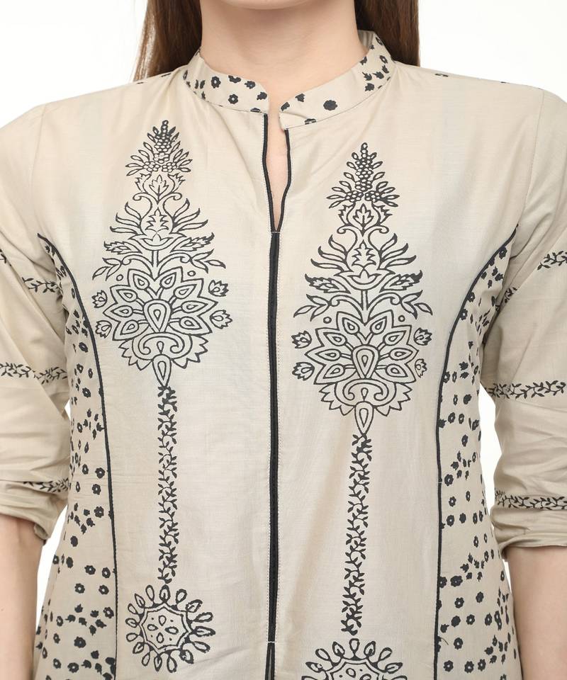 Cotton Grey A-Line Block Printed Kurta