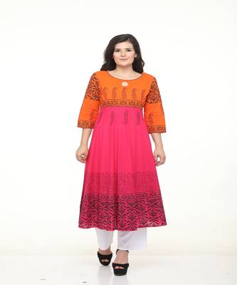 Cotton Magenta Anarkali Block Printed Kurta 1