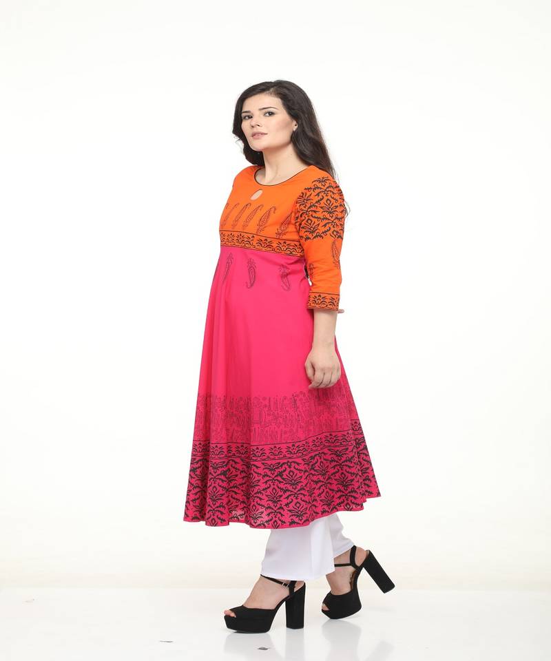 Cotton Magenta Anarkali Block Printed Kurta