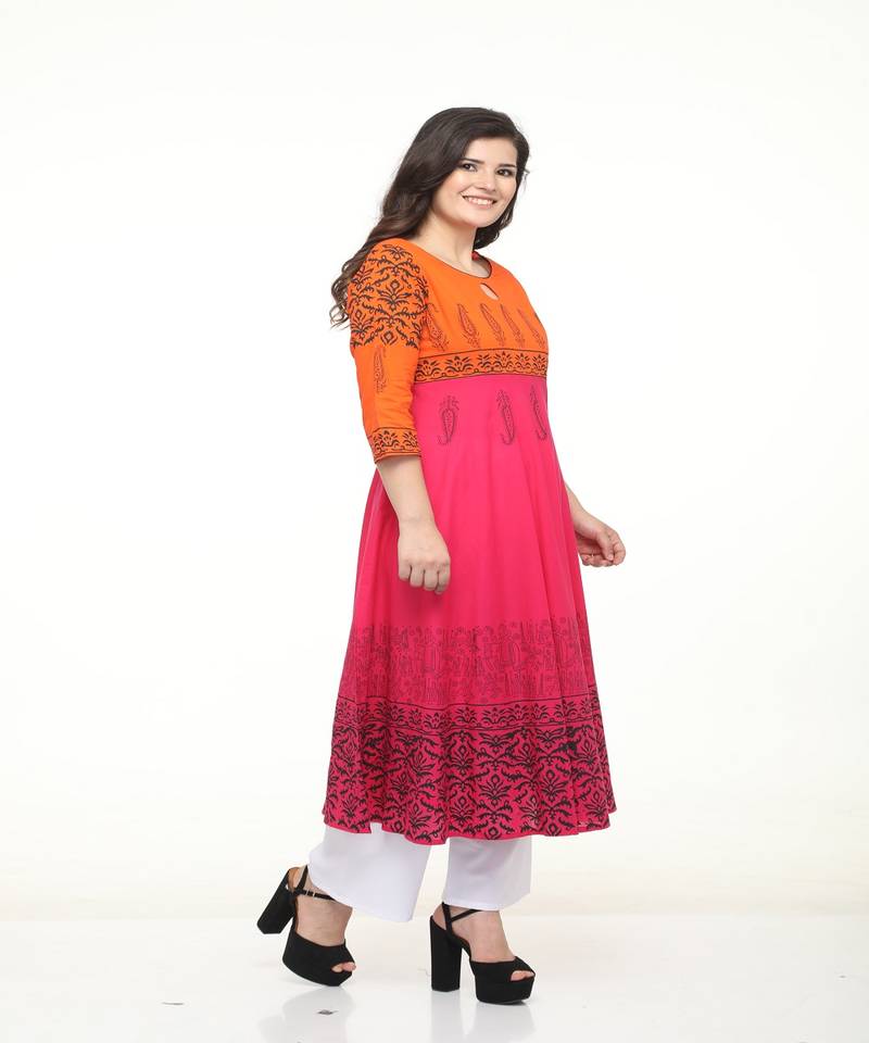 Cotton Magenta Anarkali Block Printed Kurta