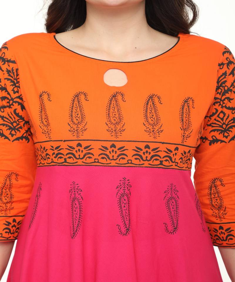 Cotton Magenta Anarkali Block Printed Kurta