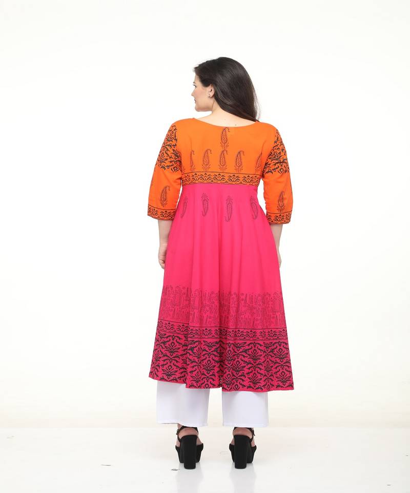 Cotton Magenta Anarkali Block Printed Kurta