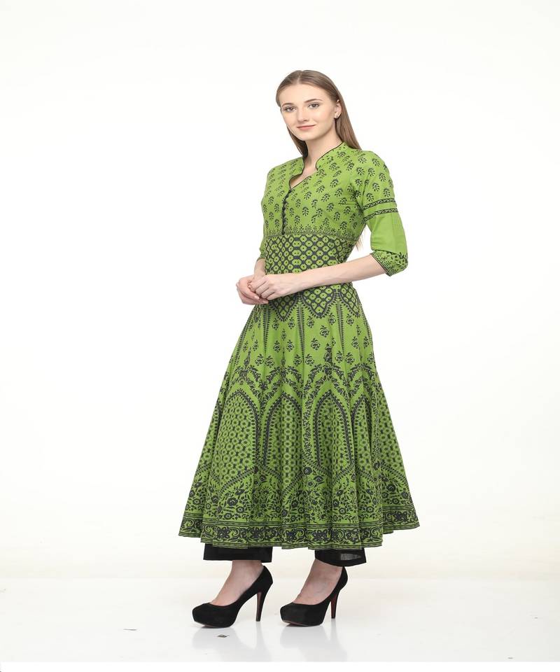 Cotton anarkali Green Kurta
