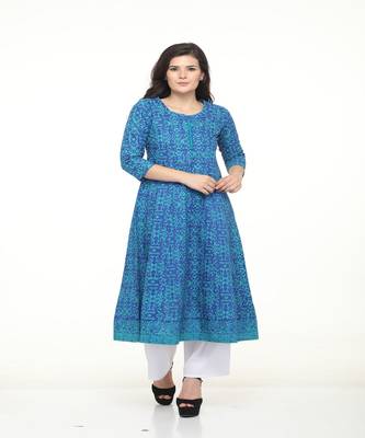 Cotton Blue anarkali Screen Print Kurta 1