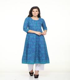 Cotton Blue anarkali Screen Print Kurta