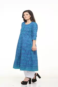Cotton Blue anarkali Screen Print Kurta