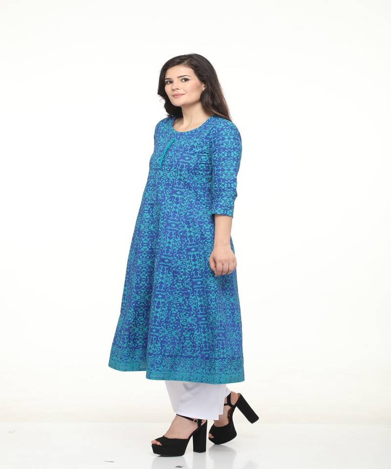 Cotton Blue anarkali Screen Print Kurta