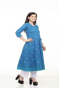 Cotton Blue anarkali Screen Print Kurta