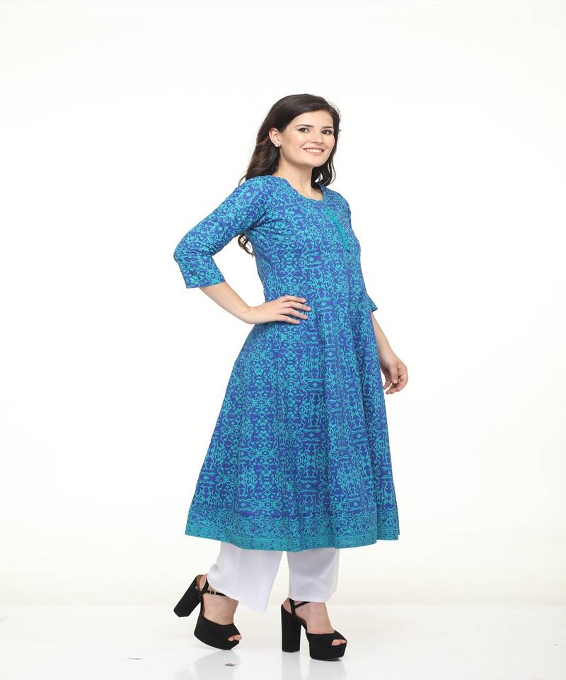 Cotton Blue anarkali Screen Print Kurta