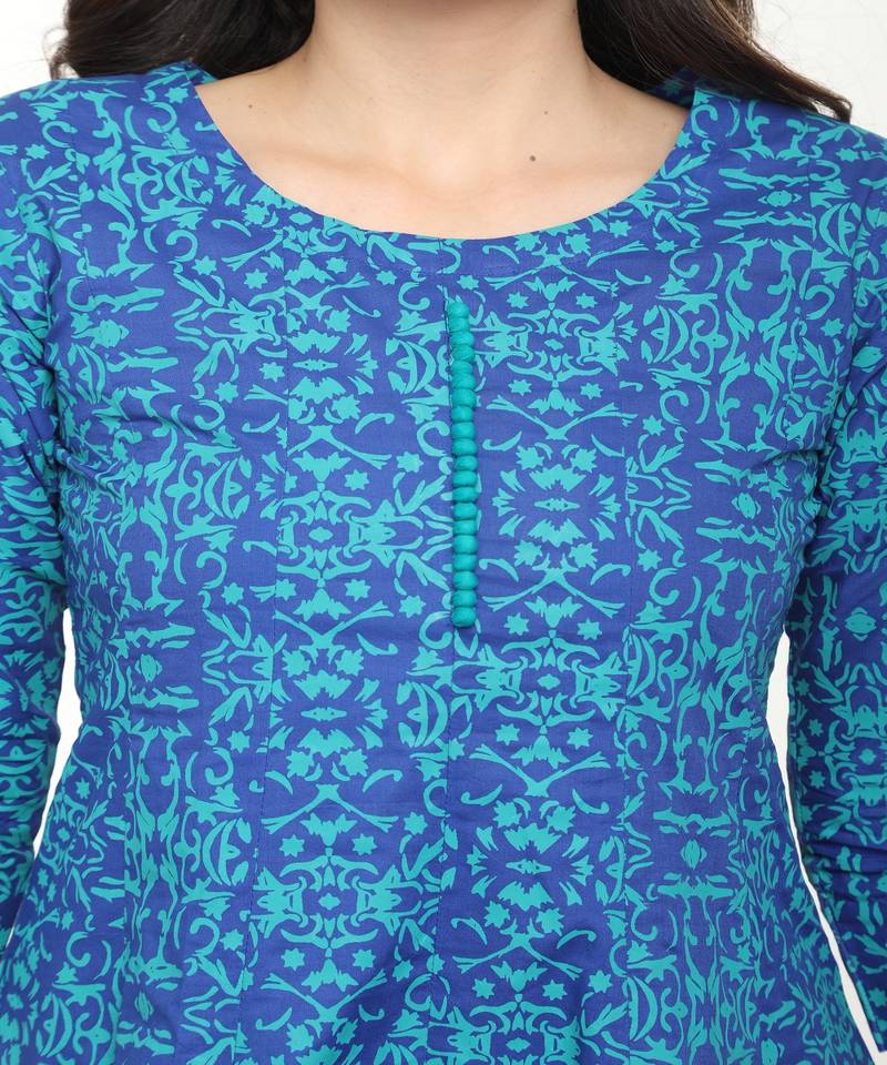 Cotton Blue anarkali Screen Print Kurta