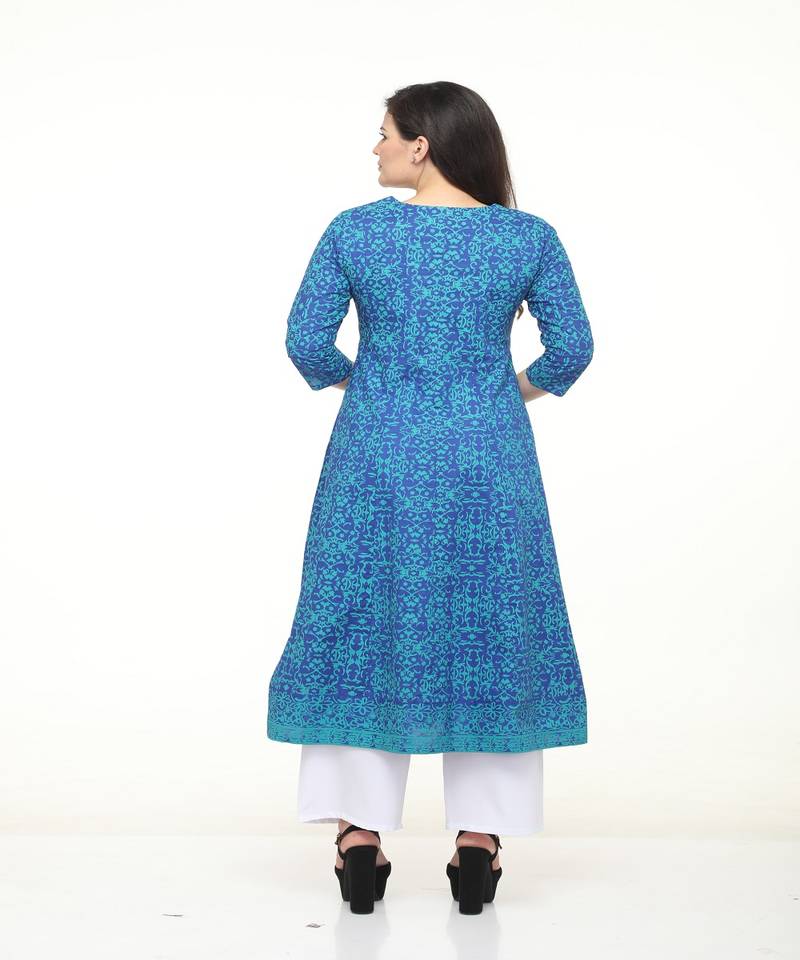 Cotton Blue anarkali Screen Print Kurta