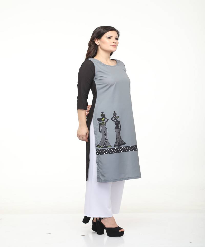 Crepe Grey Straight digital Kurta