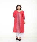Cotton Red Straight Block Printed Kurta