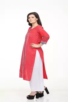 Cotton Red Straight Block Printed Kurta
