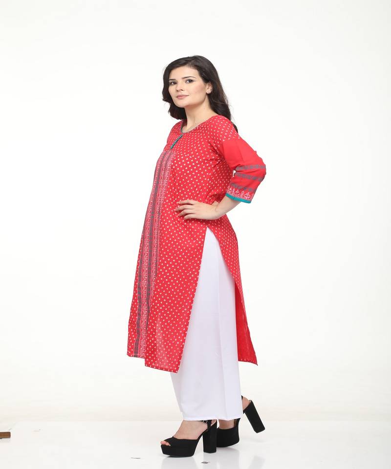 Cotton Red Straight Block Printed Kurta