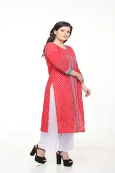 Cotton Red Straight Block Printed Kurta