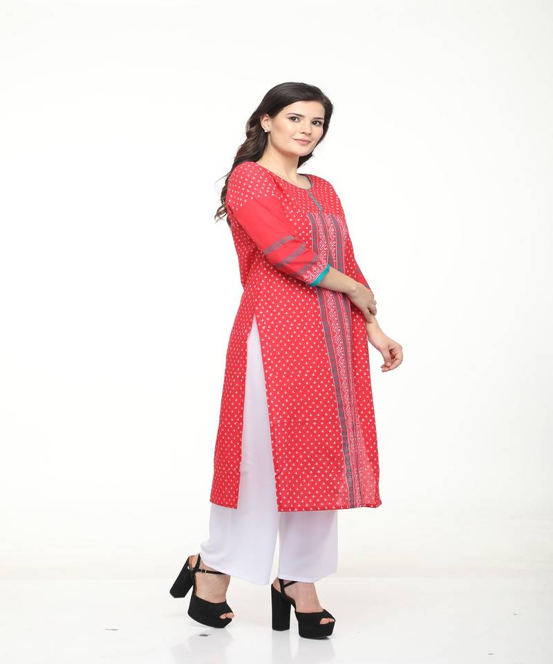 Cotton Red Straight Block Printed Kurta
