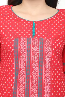 Cotton Red Straight Block Printed Kurta