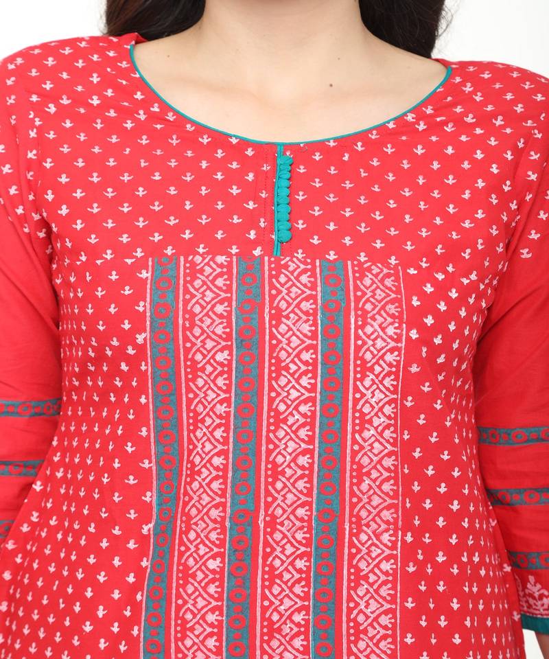 Cotton Red Straight Block Printed Kurta