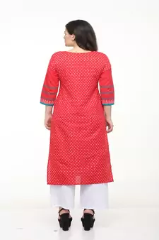 Cotton Red Straight Block Printed Kurta