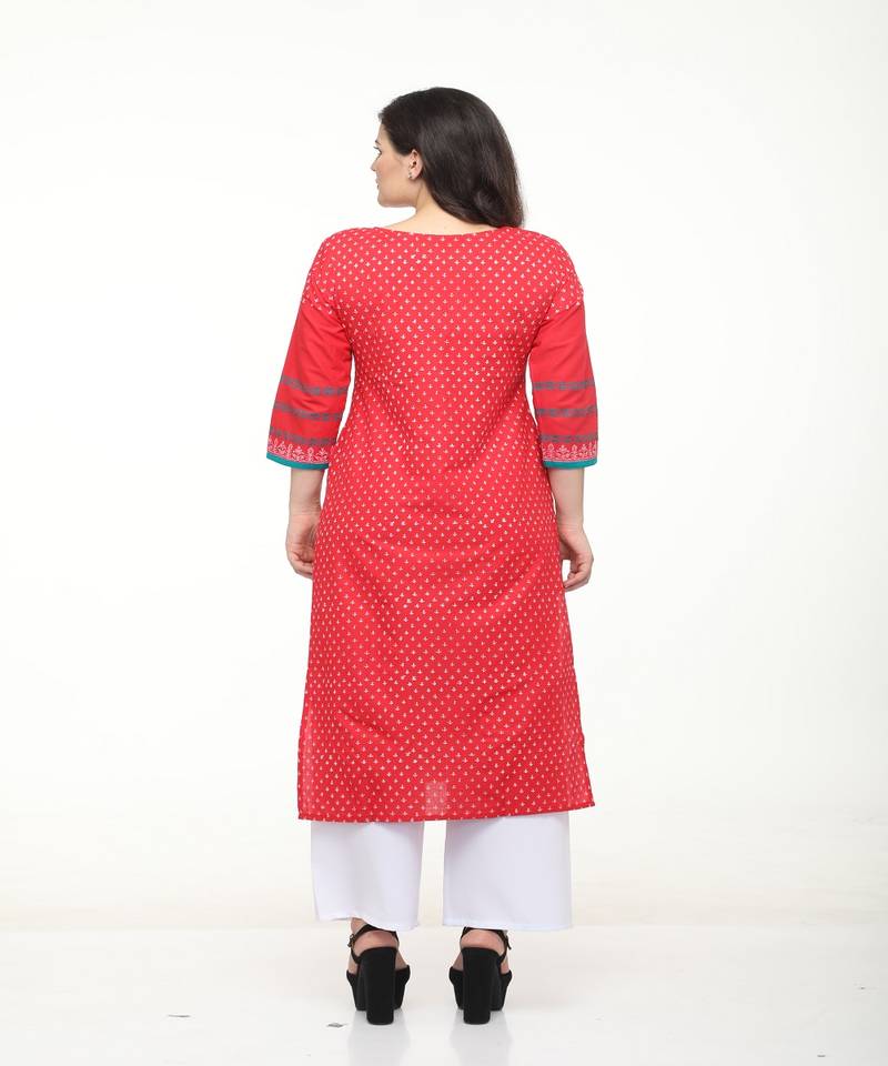 Cotton Red Straight Block Printed Kurta