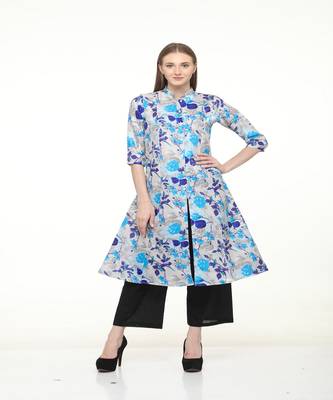 Raw Silk Grey A-Line Floral Kurta 1