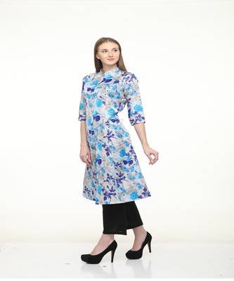 Raw Silk Grey A-Line Floral Kurta 2