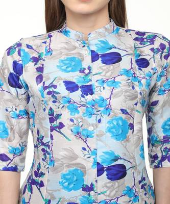 Raw Silk Grey A-Line Floral Kurta 4
