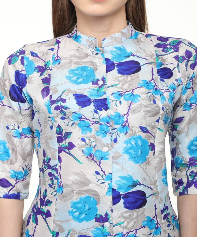 Raw Silk Grey A-Line Floral Kurta