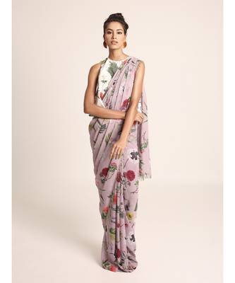 Ivory Printed Top with Lilac Printed Saree 1