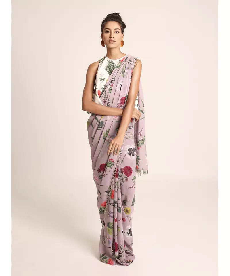 Payal Singhal Ivory Printed Art Crepe Top with Lilac Printed Art Georgette Saree