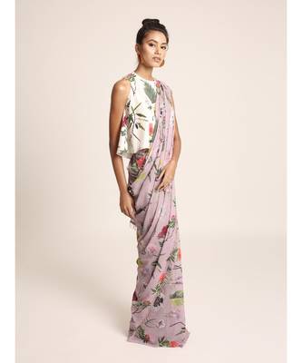 Ivory Printed Top with Lilac Printed Saree 2