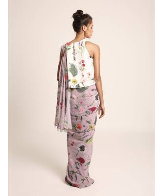 Ivory Printed Top with Lilac Printed Saree 3