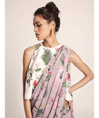 Ivory Printed Top with Lilac Printed Saree 4