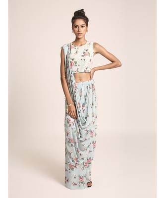 Blue Printed Saree with blue choli 1