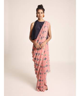 Navy Top with Coral Printed Georgette Saree 1