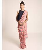 Navy Top with Coral Printed Georgette Saree