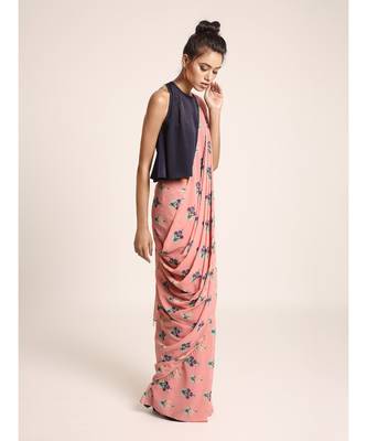 Navy Top with Coral Printed Georgette Saree 2