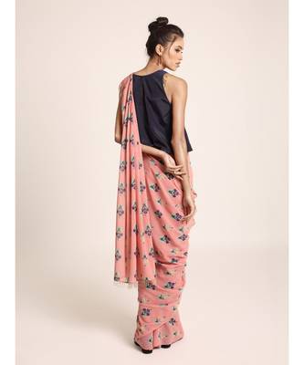 Navy Top with Coral Printed Georgette Saree 3