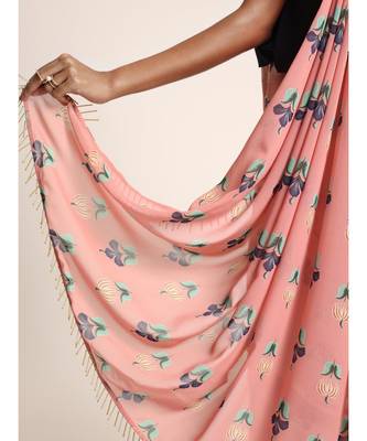 Navy Top with Coral Printed Georgette Saree 4