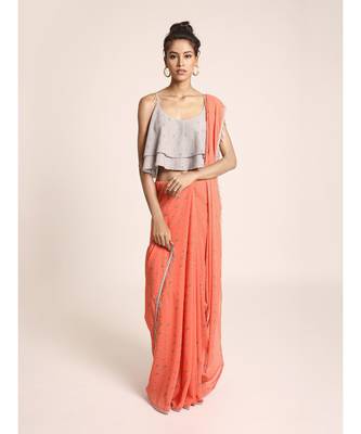 Grey Printed Two Layer Top with Coral Printed Saree 1
