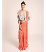Grey Printed Two Layer Top with Coral Printed Saree