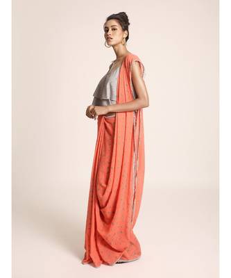 Grey Printed Two Layer Top with Coral Printed Saree 2