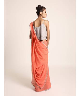 Grey Printed Two Layer Top with Coral Printed Saree 3