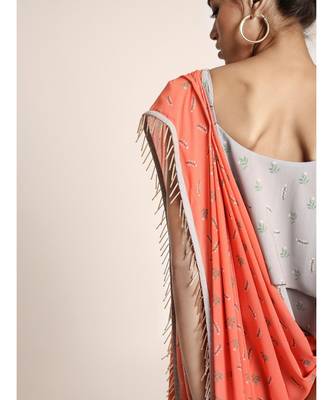 Grey Printed Two Layer Top with Coral Printed Saree 4