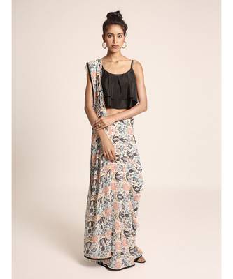 Black Two Layer Top with Cream Printed Saree 1