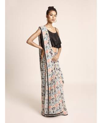 Black Two Layer Top with Cream Printed Saree 2
